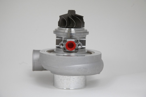 Xona Rotor 61-56 X2C turbocharger, front view showing compressor wheel, housing and red inlet plug fitting.