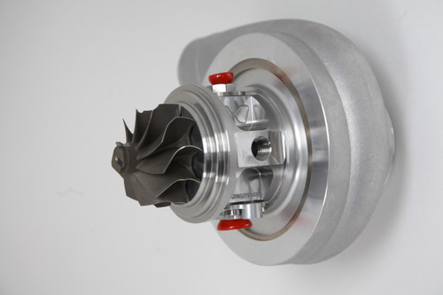 Xona Rotor 65-64 X2C CHRA, front angle showing compressor wheel, housing and red port plugs