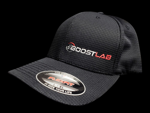 Black Boost Lab Flex Fit hat, front angled view with textured fabric and red BoostLab logo on front panel.