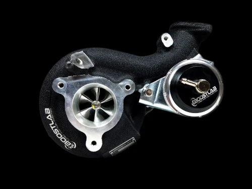 Boost Lab EVO-X TD06SL2-20G billet turbocharger, front angle showing compressor wheel, wastegate and heat shield