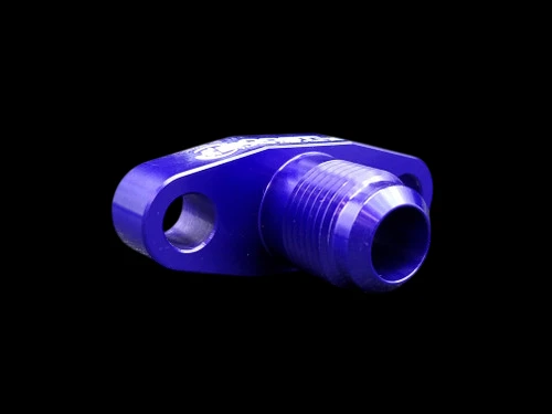 Boost Lab billet T3/T4 turbo oil drain flange, purple, side angle showing AN threaded fitting and mounting hole.
