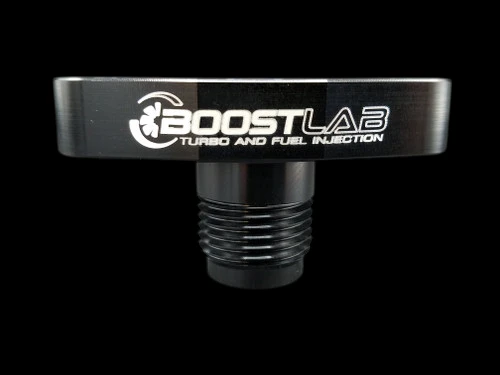 Boost Lab BL Billet T3/T4 Turbo Oil Drain Flange, black anodized, front view showing threaded -10 AN fitting under flat flange top with logo