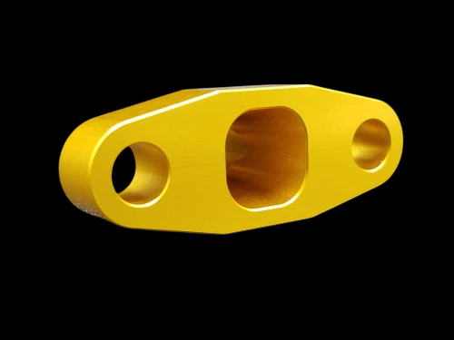 Gold anodized billet T3/T4 turbo oil drain flange, angled view showing two round holes and center oval port