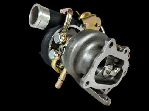 Boost Lab TD06SL2-54X turbocharger, angled view showing turbine housing outlet flange, wastegate actuator and oil fittings