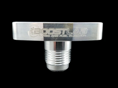 Boost Lab billet T3/T4 turbo oil drain flange, -10 AN, front view showing threaded fitting and engraved logo