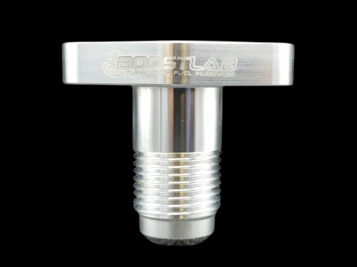 Boost Lab billet EFR turbo oil drain flange, -10AN, front view showing threaded fitting and flat top plate