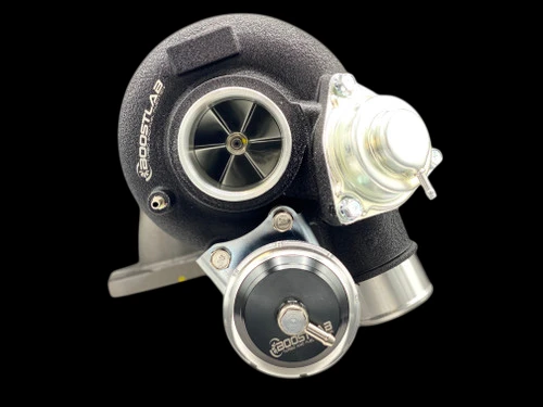 Boost Lab TD06SL2-20G turbo, front angle showing compressor housing, wastegate, and blow off valve