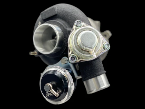 Boost Lab TD06SL2-20G turbocharger, front angle, showing compressor inlet, wastegate actuator, and external blow off valve.