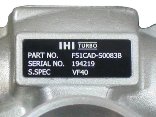 IHI VF40 turbo close up of the ID label showing part number, serial number, and S.SPEC VF40