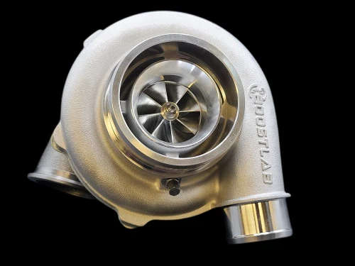 Boost Lab BL5455X billet turbocharger, front angle view showing compressor wheel, housing and outlet flange