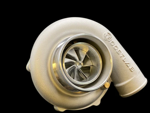 Boost Lab BL6466R billet turbocharger, front angle showing compressor wheel and housing inlet