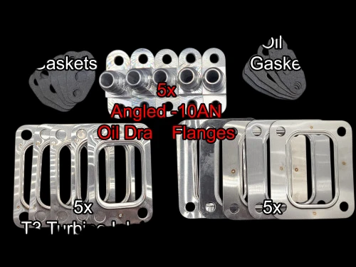 Turbo Gasket Shop Kit showing 5x angled -10AN oil drain flanges, T3 turbine and oil gaskets