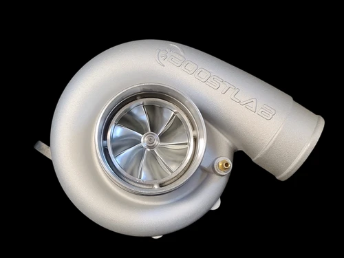 BoostLab BL7675R billet turbocharger, front view showing compressor wheel, housing and outlet flange