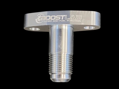 Boost Lab billet T3/T4 turbo oil drain flange with -10 AN threaded fitting, front view