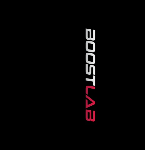 Boost Lab Turbo Shirt, vertical text logo reading Boost Lab in gray and pink on black background