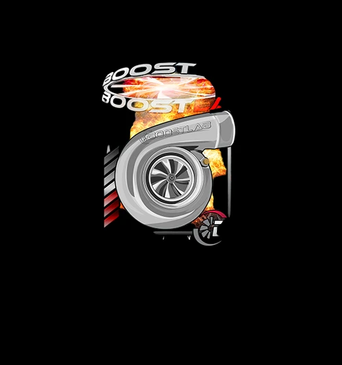 Boost Lab Turbo Shirt design, chrome turbocharger graphic with flames and BOOST text, front view