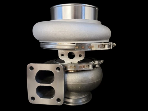 BL8088S billet turbocharger, side view showing compressor housing, T4 twin scroll flange and V-band clamp