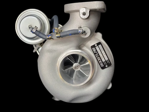 Boost Lab BL VF52 turbocharger, front angle showing billet compressor wheel, actuator and fittings