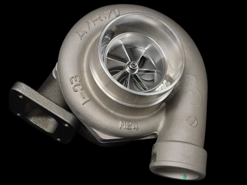 BL6766HT turbocharger, top down view showing compressor wheel, A/R.70 housing, EC 1 marking, M24 flange