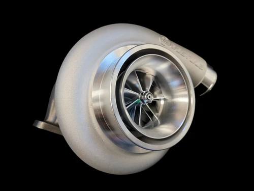BL8892S billet turbocharger, front angle view showing compressor wheel, housing, and outlet flange