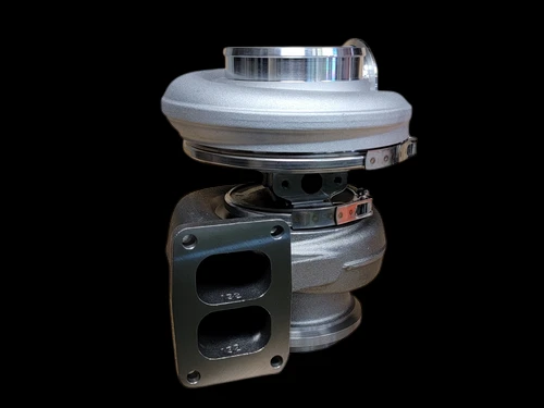 Boost Lab 171702 turbocharger for Detroit Diesel Series 60 12.7L, angled front view showing T4 flange inlet and polished compressor housing
