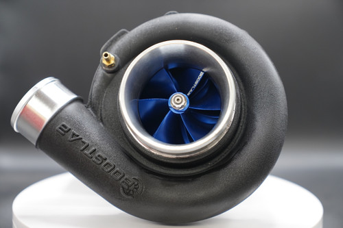 Boost Lab RTG BL7875 turbo in wrinkle black, front view showing blue billet compressor wheel and inlet