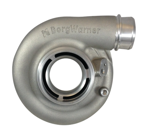 BorgWarner SX-E style compressor cover for EFR-7163, side angle showing inlet, outlet flange and ports.