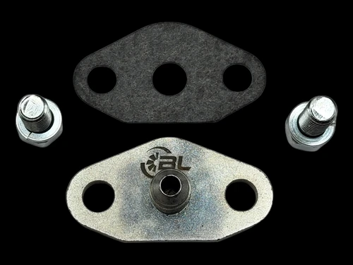 Boost Lab GT42/G42 oil feed flange kit, gasket, metal plate with fitting, two bolts on black