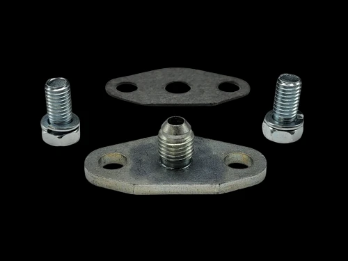 GT42/G42 oil feed flange kit with gasket and two mounting bolts, fitting angled upward, front view