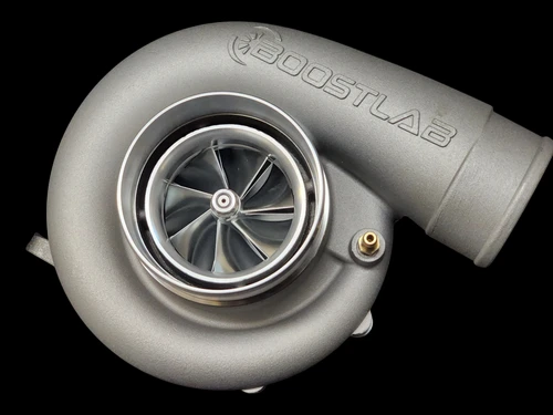 BL7275R billet turbocharger, front angle showing billet compressor wheel, housing and inlet elbow