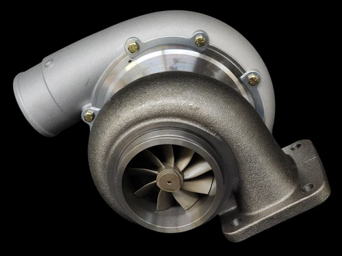 BL7275R billet turbocharger, front angle showing compressor wheel, housing and mounting flange bolts