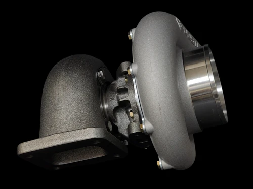 Boost Lab BL7275R billet turbocharger, side view showing cast turbine housing and inlet flange