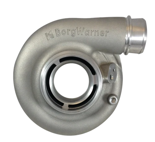 BorgWarner SX-E compressor cover for EFR-6258 turbo, side angle showing inlet, outlet flange and housing
