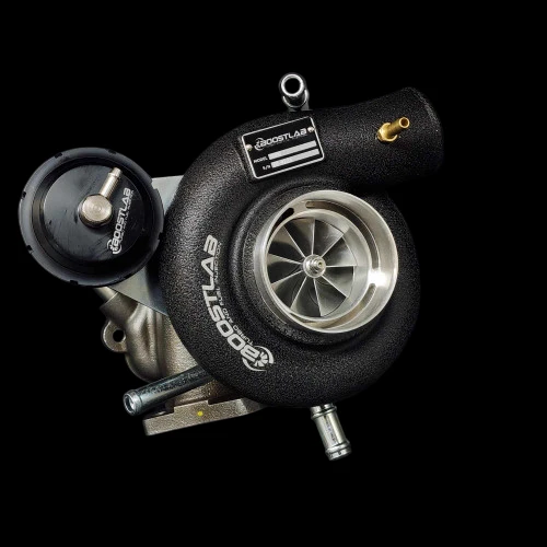 Boost Lab BL58XR turbo for Subaru STI, front angle showing compressor wheel, wastegate, and fittings