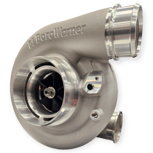 BorgWarner SuperCore SX-R S300SX-R 68mm 8880 turbo, front angle showing compressor wheel, housing and V-band clamps