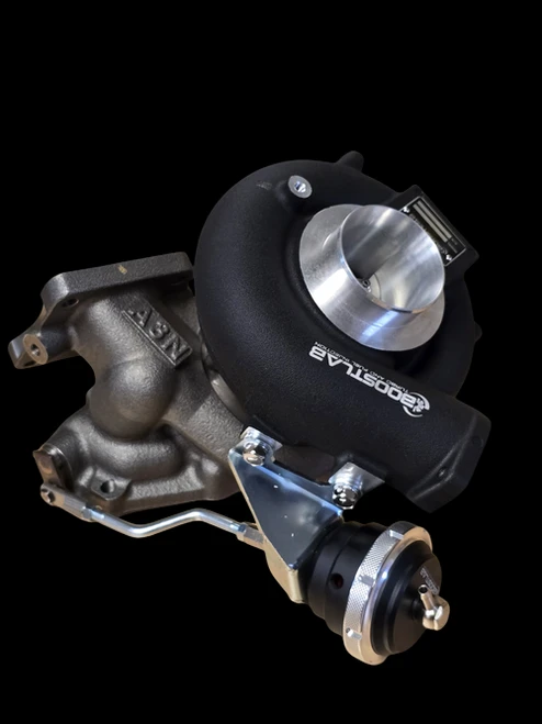 Boost Lab TD06SL2R-20G turbo for Evo 8/9, angled view showing wastegate actuator and cast manifold