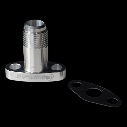 Boost Lab billet GTX and G Series turbo oil drain flange, -10AN fitting, with matching black gasket alongside.