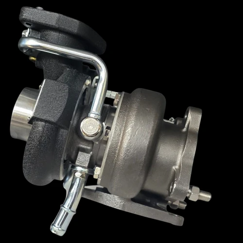 Boost Lab BL58XR turbo for Subaru WRX/Legacy/Forester, angled side view showing compressor housing, chrome actuator, and turbine outlet flange.
