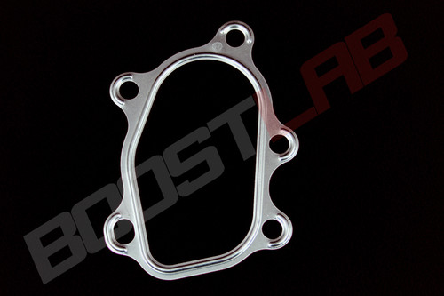 5-bolt gasket for Garrett T25 flanged GT28/30R-WG turbine housing, angled top view on black background