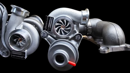 N54 BMW TD04L-17T turbo upgrade, side view showing compressor wheel, wastegate actuator, exhaust housing