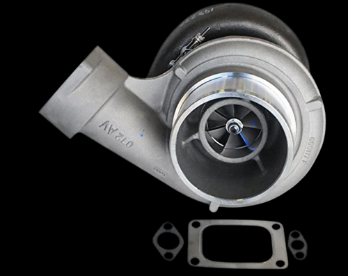 BorgWarner S4DS Caterpillar Replacement Turbo, angled view showing compressor wheel, housing, and mounting gasket set