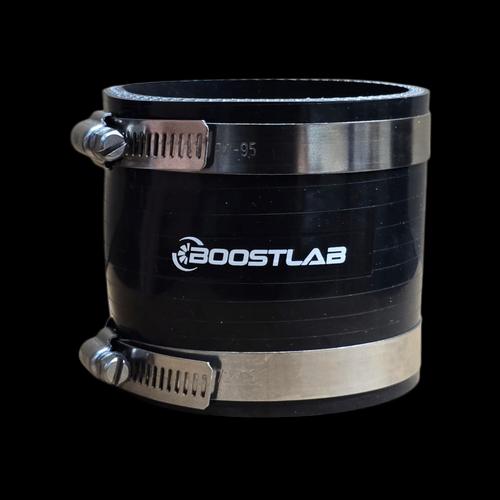 Boost Lab 4 ply silicone coupler, 3 inch, black, front angle with two steel hose clamps