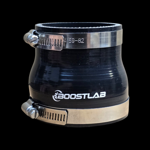Boost Lab black silicone transition coupler, 2.5 to 3 inch, with two stainless hose clamps, front angle view