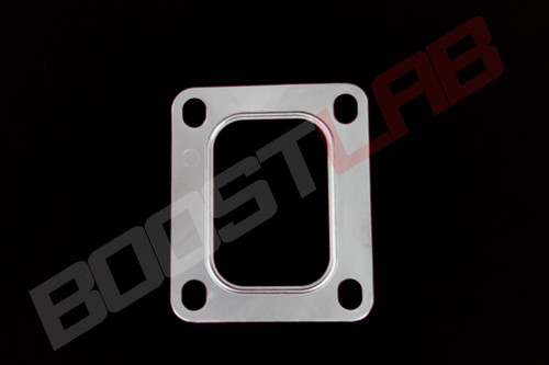 T4 turbo inlet gasket, flat metal plate with rounded rectangular center opening and four corner bolt holes, top down view