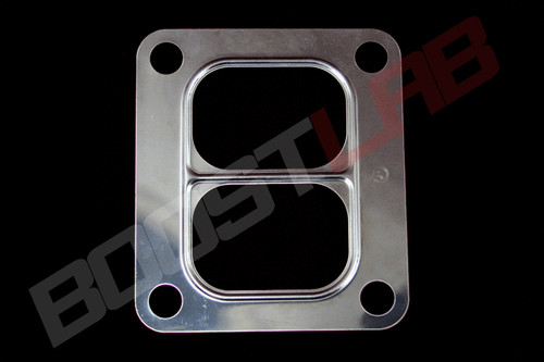 Boost Lab T4 divided inlet turbo gasket, flat metal plate with dual ports and four bolt holes.