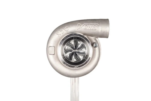 Xona XR 5757S X2C turbo, front angle showing compressor wheel, housing and outlet flange