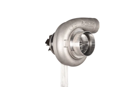 Xona XR 5757S X2C turbocharger, side angle view showing compressor housing, turbine inlet and clamped connection