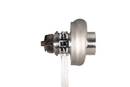 Xona XR 5757S X2C turbo, side view showing compressor wheel, wastegate actuator, and turbine housing outlet