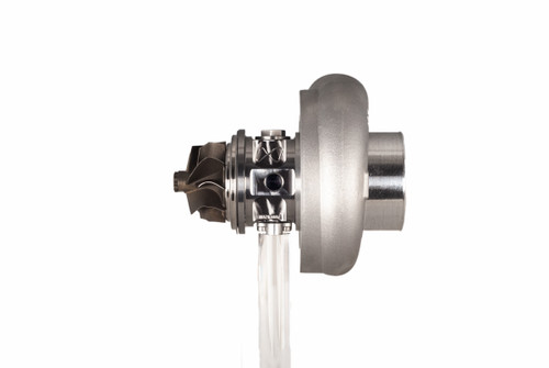Xona XR 6557S X2C turbocharger, side angle showing compressor wheel, shaft, and bearing housing detail