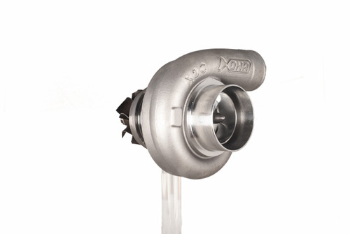 Xona XR 6564S X2C turbocharger, front angled view showing compressor housing and inlet, on clear stand